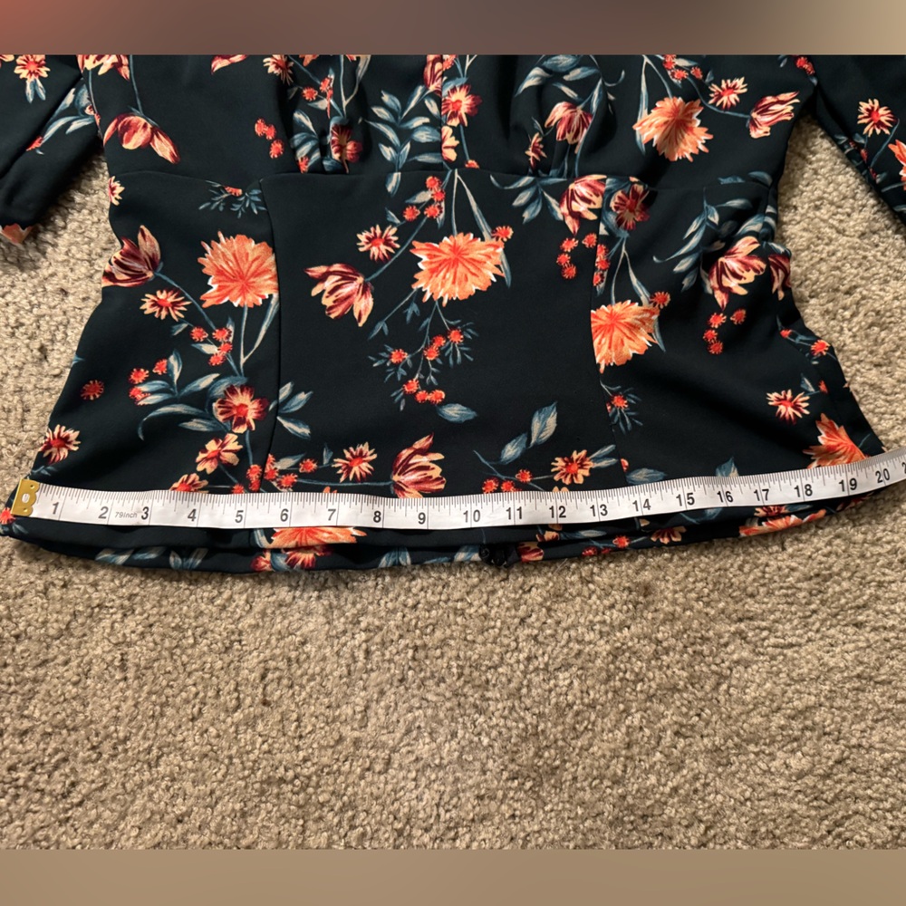 Pinup Couture Teal Floral V-Neck Blouse with Coral Blooms - Picture 6 of 7